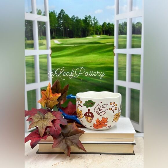 Cozy Autumn Leaves & Acorn Mug – Hand-Painted Ceramic Cup with Blue Handle, 16oz - Picture 3 of 10